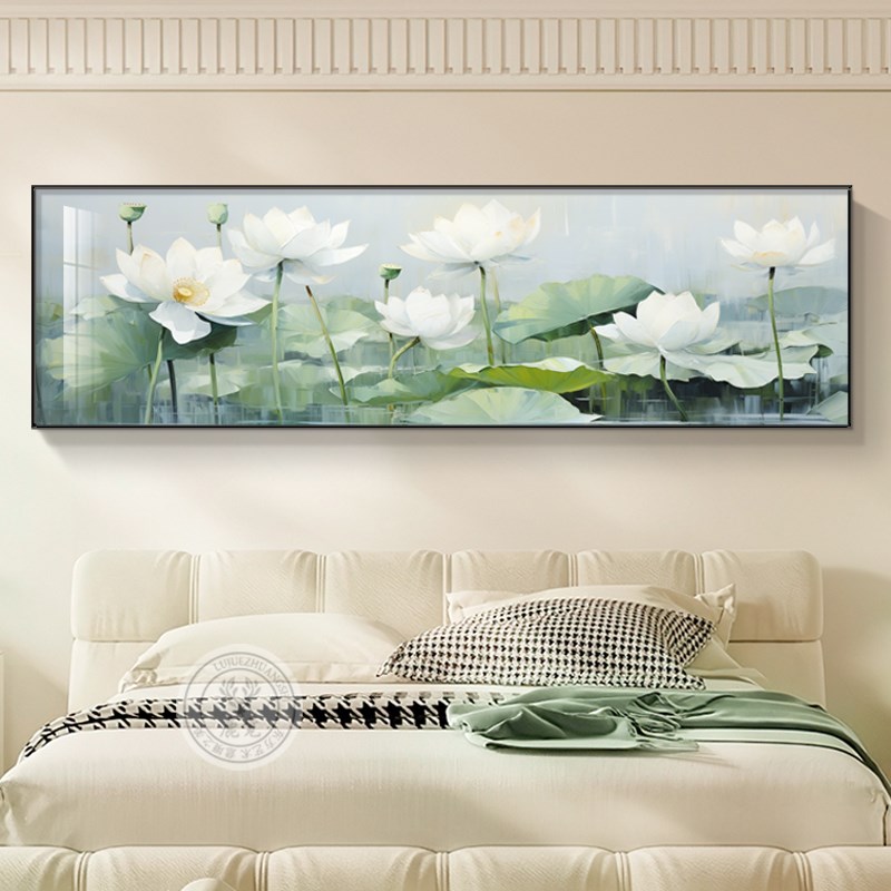 极速新中式荷花卧室床头装饰画横版莲花客厅壁R画温馨主卧房间墙图片