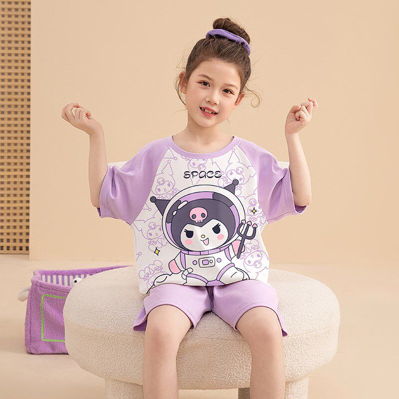 新品儿童睡衣女童夏款纯棉短袖短裤套装夏季薄款小V女孩全棉洋气