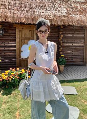 带宋正恩白色蕾丝花边吊心背连衣ST983裙女夏a季新款显瘦无袖字短