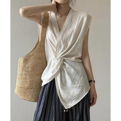 法式V领纽结无袖背心衬衫女2025夏季新款高级感修身亚麻小衫上衣