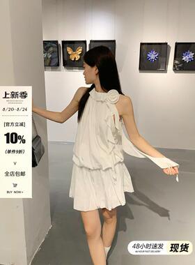 宋正恩白色挂脖连衣裙女夏季辣妹设计感法式绝美无袖收腰A字短裙