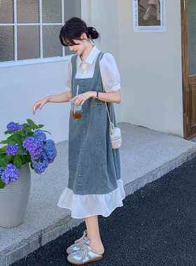 韩版宽松假两件牛仔连衣裙夏季女2024新款今年流行漂亮拼接长裙子