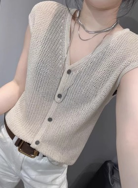 灰色V领针织短袖T恤女2025夏季薄款时尚镂空洋气减龄冰丝正肩上衣