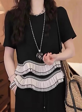 黑色短袖T恤女夏季新款设计感下摆双层花边大码宽松微弹体恤上衣