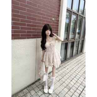 丹吃不水蜜XRN桃小飞袖碎花女夏新款收丹腰显饱瘦蓬公蓬主短裙子