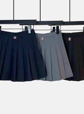 西装料TB灰色百褶裙A字高腰显瘦百搭短裙藏青色半身裙裤裙女春秋