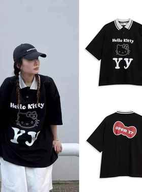 韩国正品！新款OpenYY联名H*Kitty猫印花翻领短袖女宽松t恤POLO衫