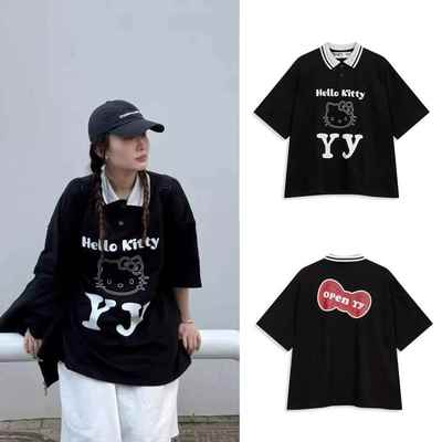 韩国正品！新款OpenYY联名H*Kitty猫印花翻领短袖女宽松t恤POLO衫