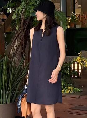 法式领白色袖LPE背心连v衣裙205新款女夏季宽松显无瘦高端精致短2