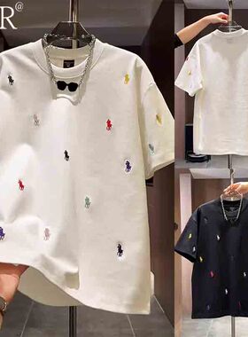 轻奢设计感刺绣短袖T恤男士夏季潮牌时尚宽松圆领上衣服男款半袖