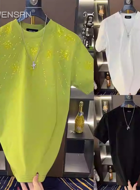 潮牌痞帅烫钻短袖t恤男士2025新款春夏季高级感宽松半袖上衣男款