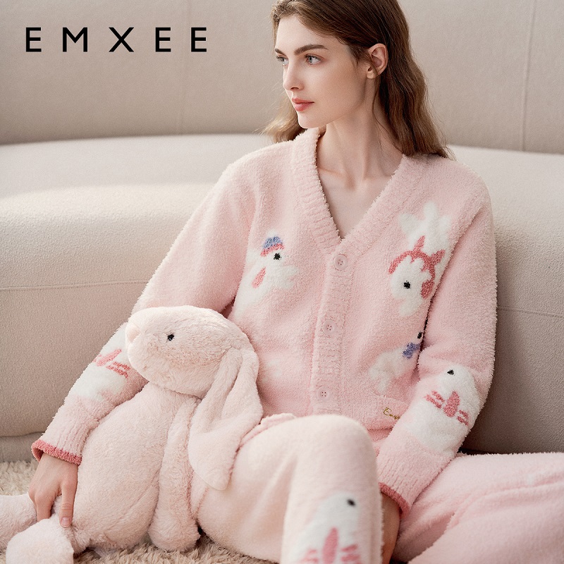 嫚熙音乐兔月子服秋冬季孕妇加厚加绒哺乳产后半边绒家居服套装