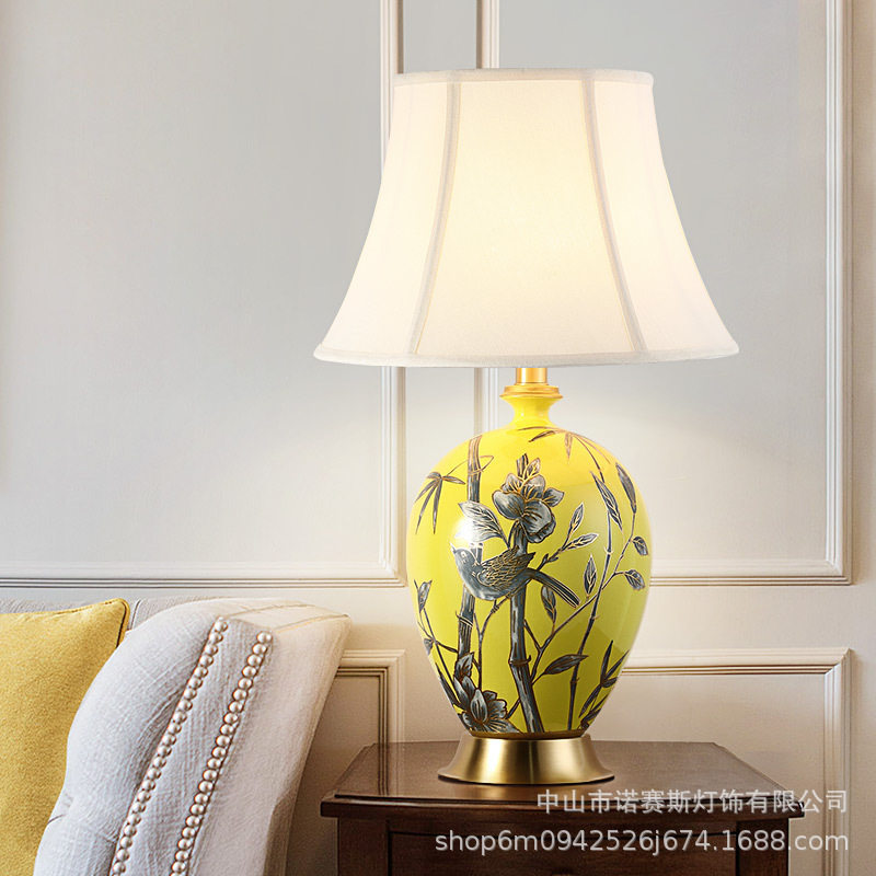 全铜黄色花竹陶瓷美式简约台灯