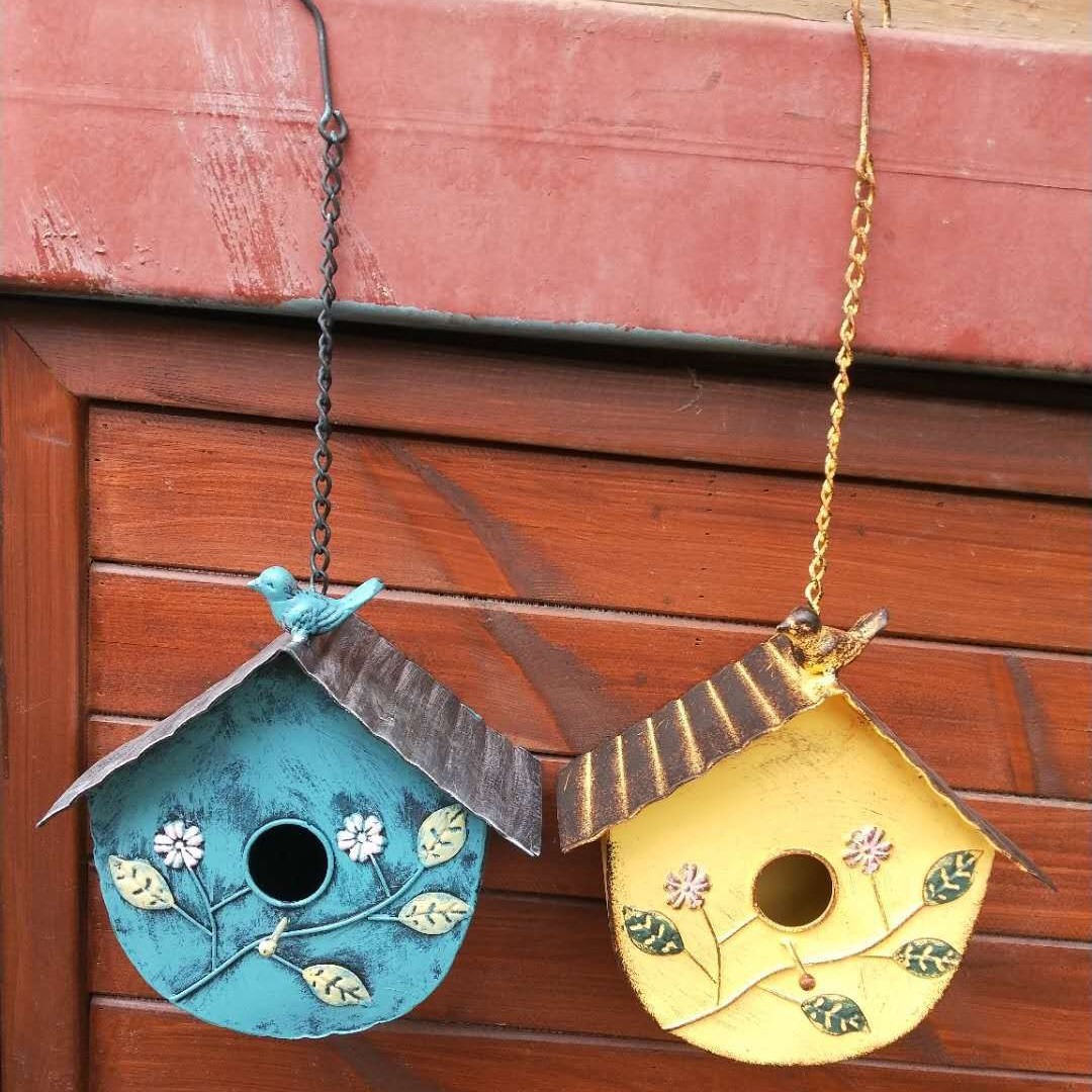 厂家直销 铁艺垂吊鸟屋 喂鸟器 阳台花园杂货装饰品 防雨创意鸟窝