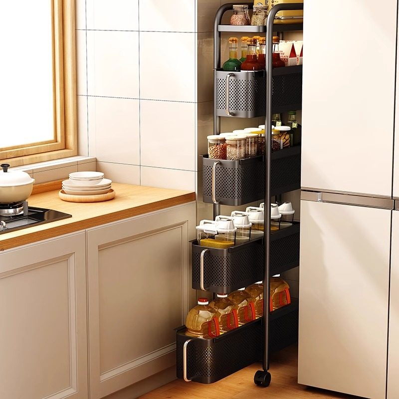 厨房夹缝置物架冰箱侧面抽拉小推车可移动卫生间窄缝隙落地收纳柜