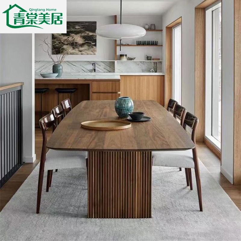 全实木餐桌白蜡木大板直拼长方形饭桌简约家用书桌轻奢波浪长餐桌