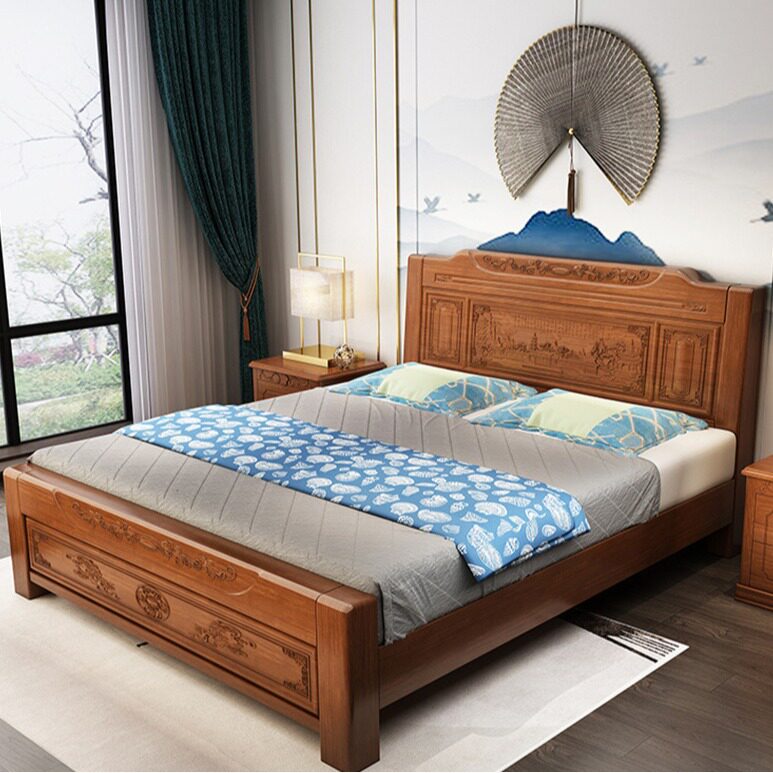 中式实木床头雕花高箱储物双人床1.5米1.8经济主卧仿古实木床批发