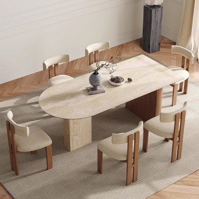 暮奢法式复古实木餐桌洞石岩板小户型设计师创意半椭圆岛台餐桌