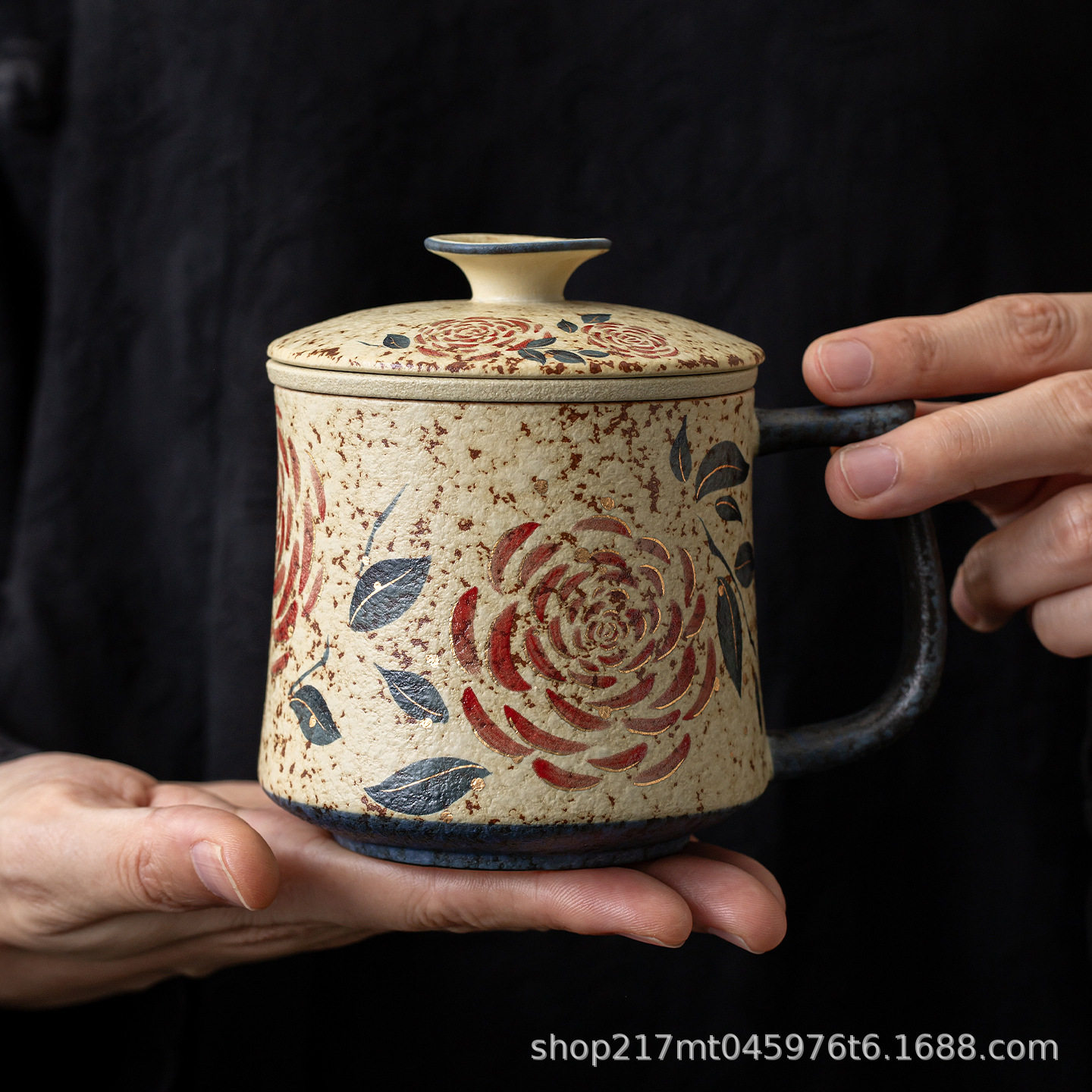 玫瑰花青花火石红办公杯茶水分离泡茶杯复古陶瓷水杯带盖个人专用
