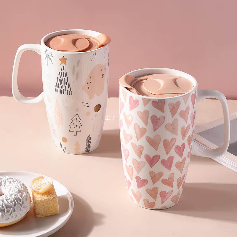 大容量马克杯带盖创意陶瓷杯子女生夏季家用喝水杯情侣咖啡杯