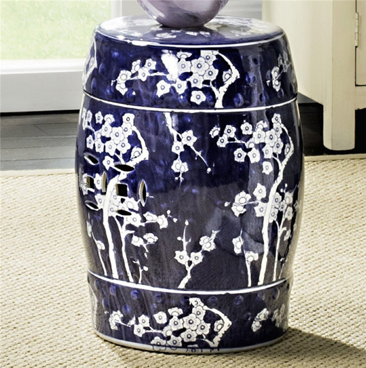青花宝蓝色手绘梅花陶瓷鼓凳子客厅茶几换鞋梳妆浴室阳台花园圆墩