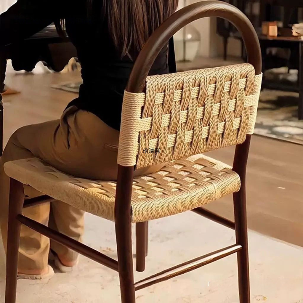 法式中古薇薇安餐椅绳编实木椅子复古客厅家用编织靠背休闲化妆椅