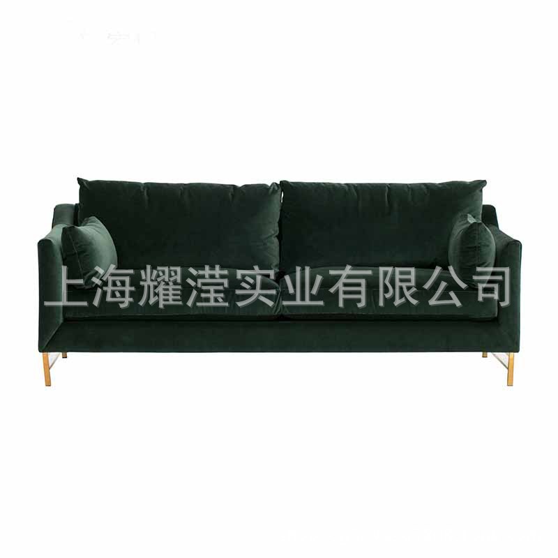 北欧墨绿色绒布休闲不锈钢三人沙发订置家具酒店会所影楼时尚沙发