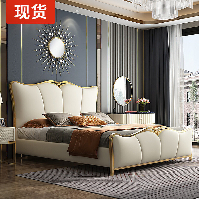 轻奢真皮床 主卧现代简约实木婚床1.8米美式纳帕真牛皮软包双人床