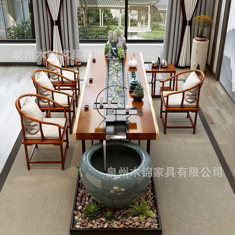 新中式流水茶台创意养鱼生态景观实木茶桌全套原木大板功夫泡茶桌