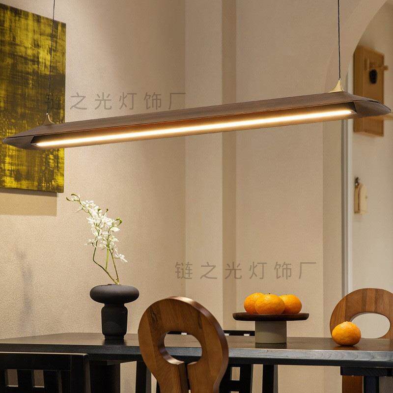 个性新中式极简实木led餐厅吧台一字吊灯茶室办公室北欧长条灯具