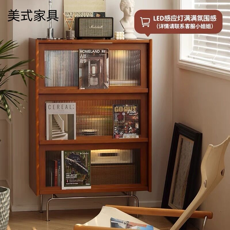 复古实木书柜北欧斗柜储物柜客厅翻门收纳柜日式中古沙发边柜