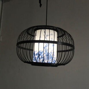 火锅店茶室灯东南亚藤艺编织灯具黑色竹丝灯笼餐厅吊灯铁丝吊灯