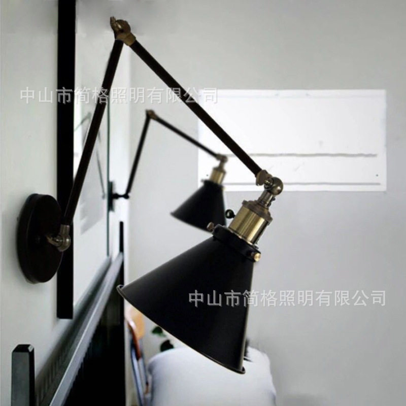 美式乡村工业风创意长臂阅读墙灯伸缩摇臂折叠卧室床头简约壁灯