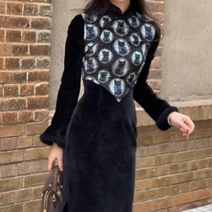 花猫家【莉莉丝的猫咪徽章】原创印花港工旗袍新中式连衣裙