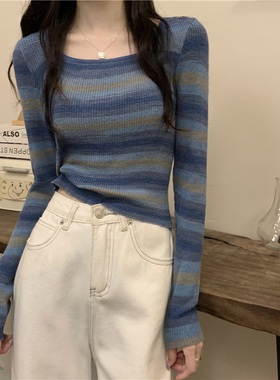 速发蓝色方短条纹长袖t恤春秋内搭打底衫正肩紧身领款针织上衣
