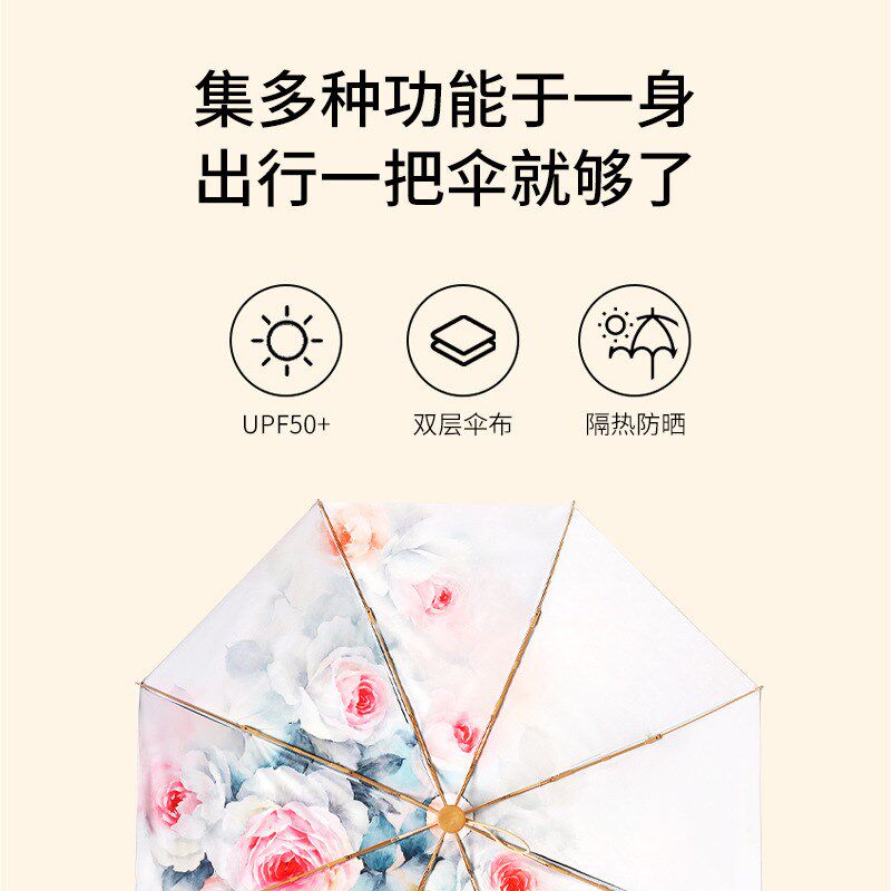 速发双O双碰8骨晴雨伞P面花朵三折伞实木210t层击布防紫外线遮