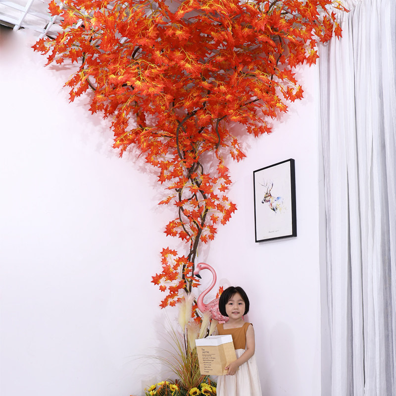 速发红枫树花墙墙枫叶大假叶子造观景叶装饰景树树室内背景墙图片
