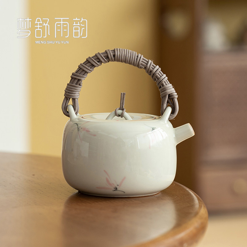 速发草木灰手绘粉色兰花藤编提具泡陶瓷茶壶单壶家用功夫茶梁壶茶