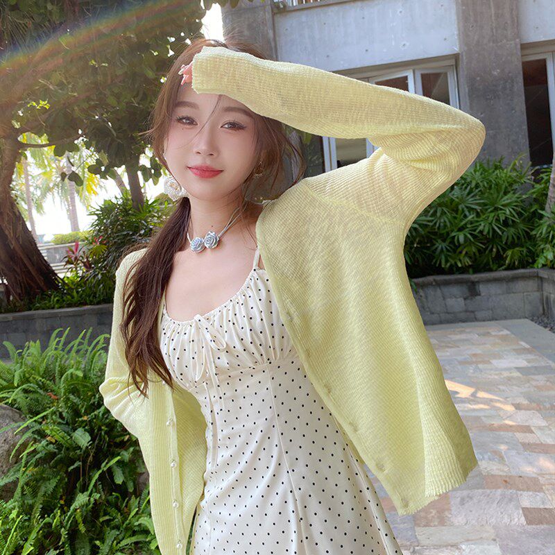 速发夏季开衫外搭薄款2024新感高级款配裙子黄色针织上衣防晒外套