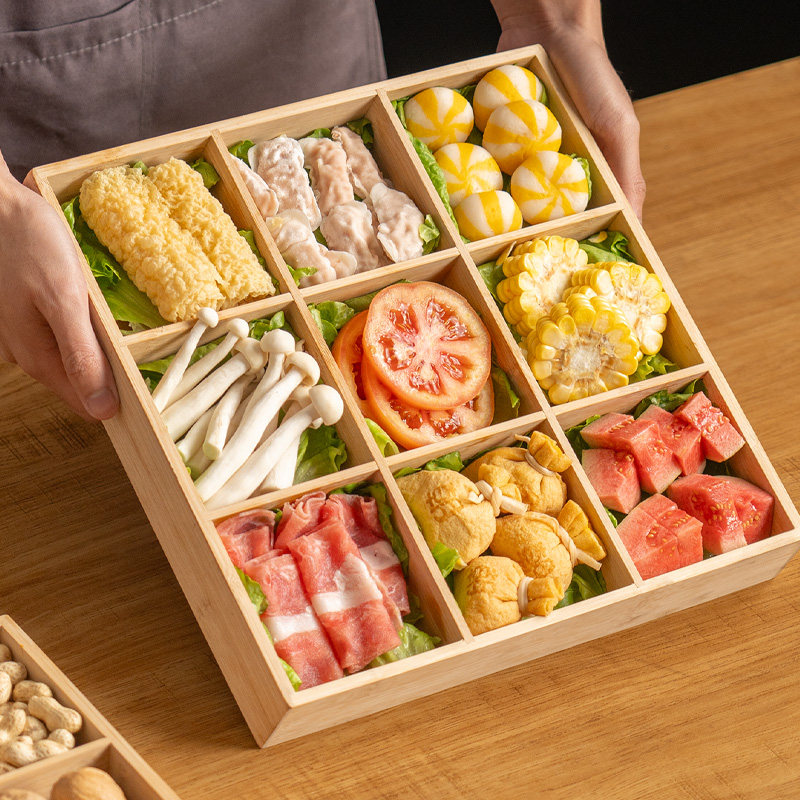 速发九宫格托盘火锅配菜盘家用餐盘碟子格分盘子木质深盘点心盒干