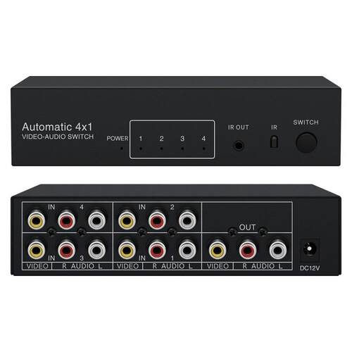 现货音视频自动切换器 4进1出 4x1AV共享器自动识别 黄Z红白 带遥