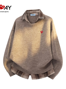 PLAY HEITY 官方潮牌假两件针织衫男女宽松衬衫领百搭情侣款毛衣