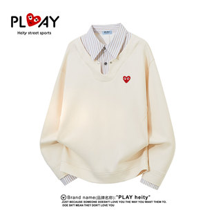 新款 官方春季 潮牌条纹拼接休闲男女翻领宽松百搭卫衣 HEITY PLAY