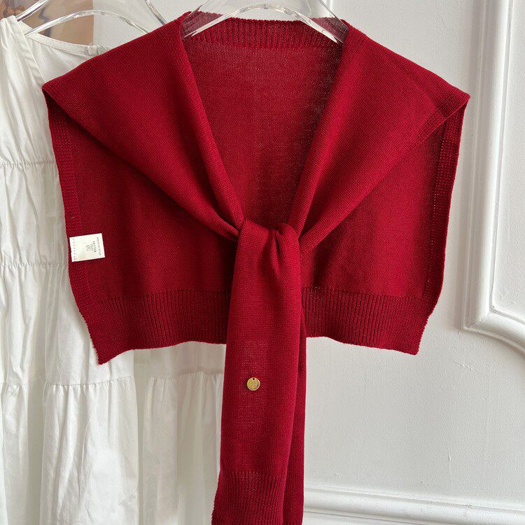 出口韩国原单柔软针织披肩女外搭纯色打结坎肩办公室护颈衬衫搭肩