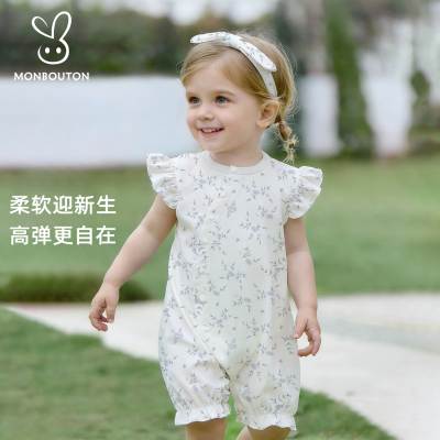 Mon Bouton婴儿连体衣夏季背心哈衣小飞袖薄款新生儿爬服女宝衣服