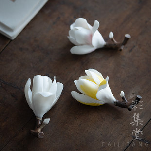 彩集堂 手捏玉兰花香插小摆件 雅物笔搁陶瓷手工花朵茶室装饰茶玩