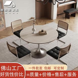 现代高级洽谈桌中古风岩板咖啡桌家用办公桌圆形餐桌小户型饭桌椅