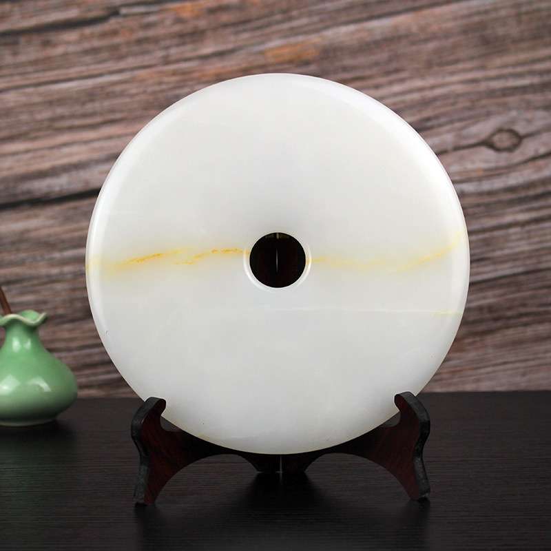 天然阿富汗玉平安扣摆件 真玉白玉怀古玉壁工艺品家居客厅装饰品