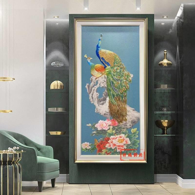 孔雀玄关装饰画中式轻奢苏绣刺绣走廊挂画简约织锦入户过道壁