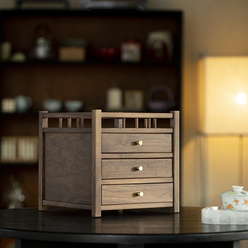 黑胡桃木茶饼收纳柜三层普洱茶盒抽屉式博古架茶桌茶具置物